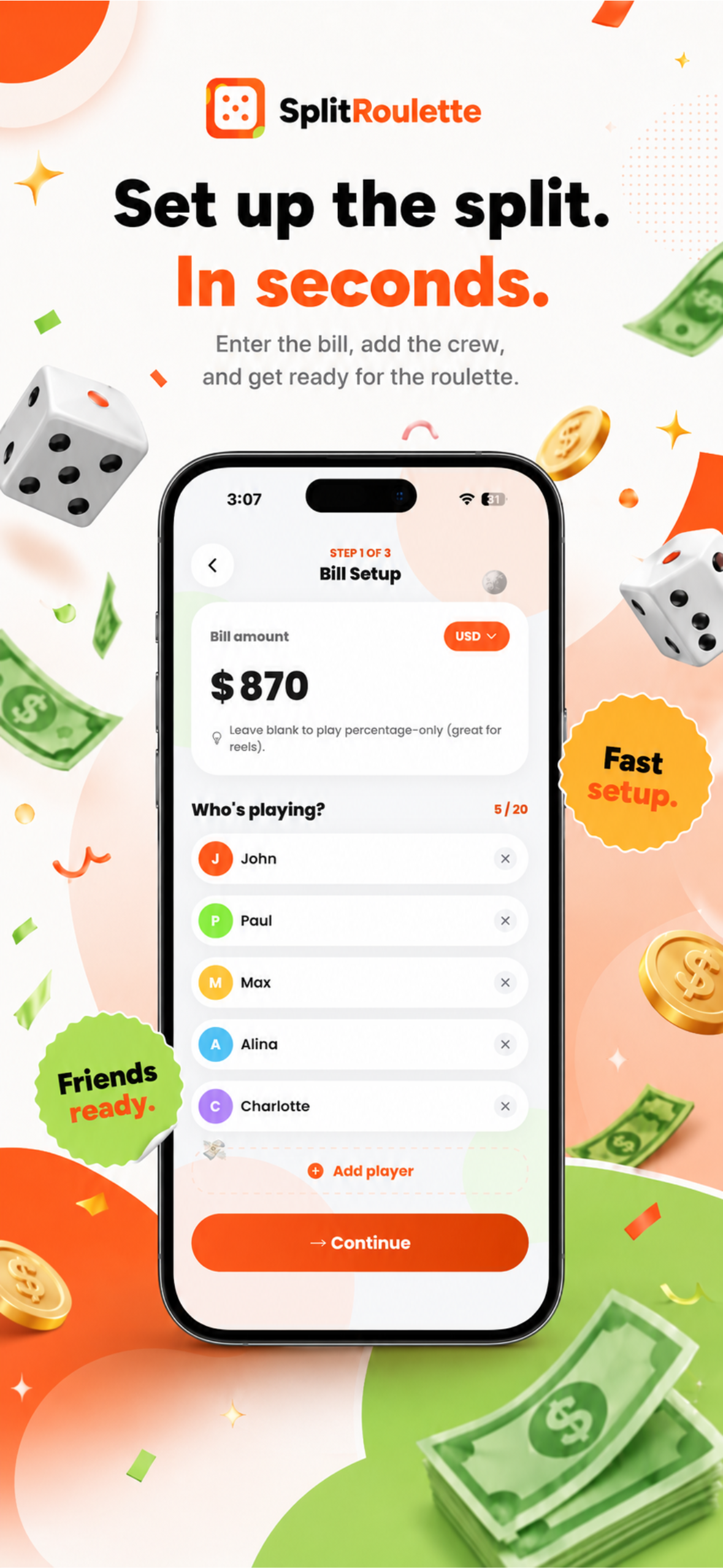 SplitRoulette Bill Setup Screen